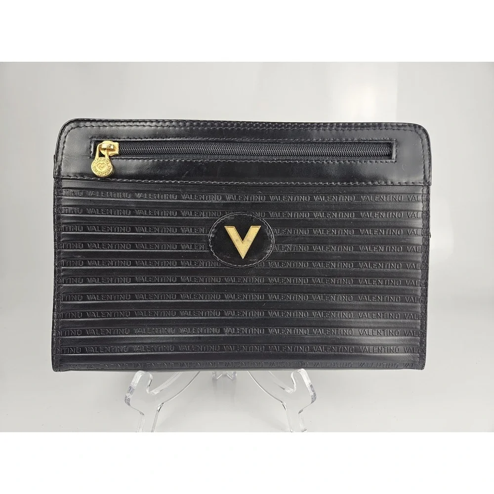 Valentino by Mario Valentino V Logo Signature Black‎ Leather Clutch Bag